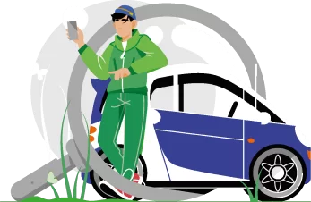 Ilustración de un chico con el móvil junto a un coche pequeño, buscando coche de alquiler en Calahonda