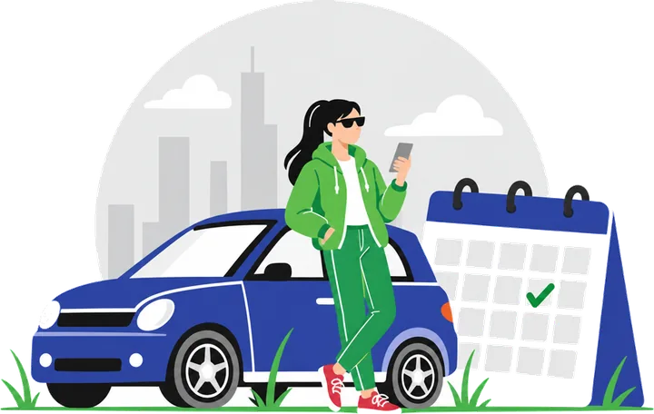 Illustration of a young woman with her phone next to her hire car and a marked calendar, free cancellation in Calahonda
