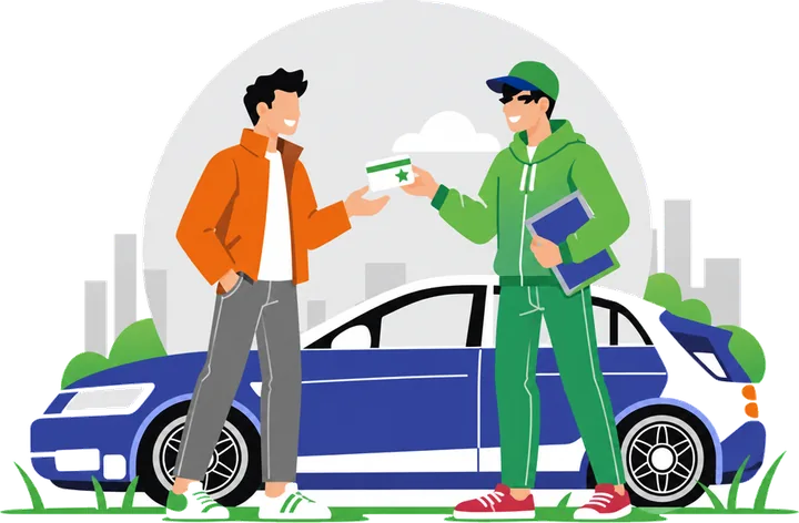 Illustration of a staff member handing a loyalty card to a customer next to a hire car in Calahonda