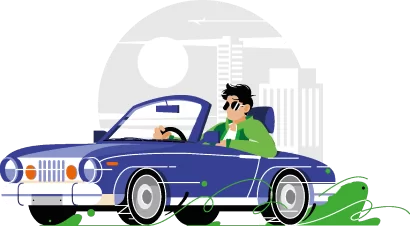 Ilustración de un conductor con gafas de sol en un descapotable azul, alquiler de coches en la Costa del Sol