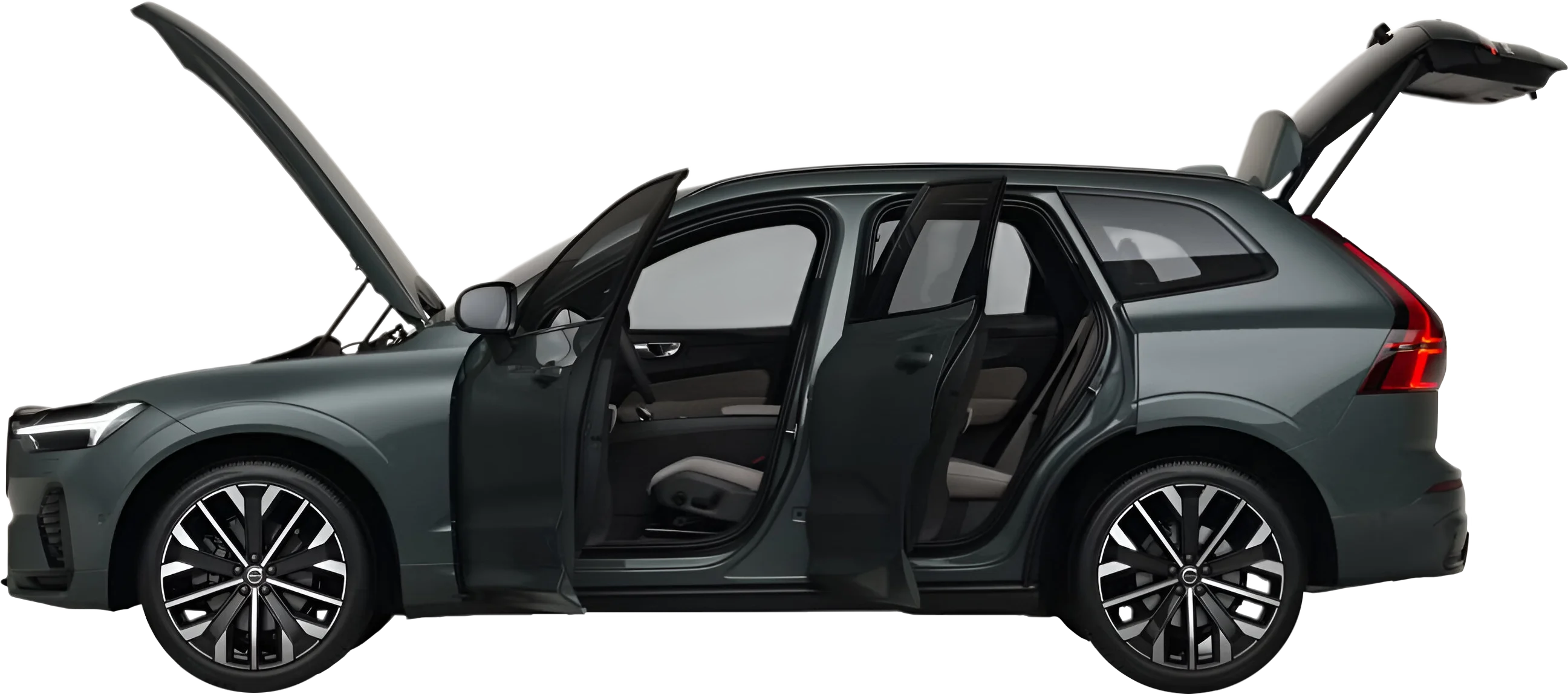 Grey Volvo SUV with doors, bonnet and boot open, hybrid SUV hire in Calahonda Grey Volvo SUV with doors, bonnet and boot open, hybrid SUV hire in Calahonda