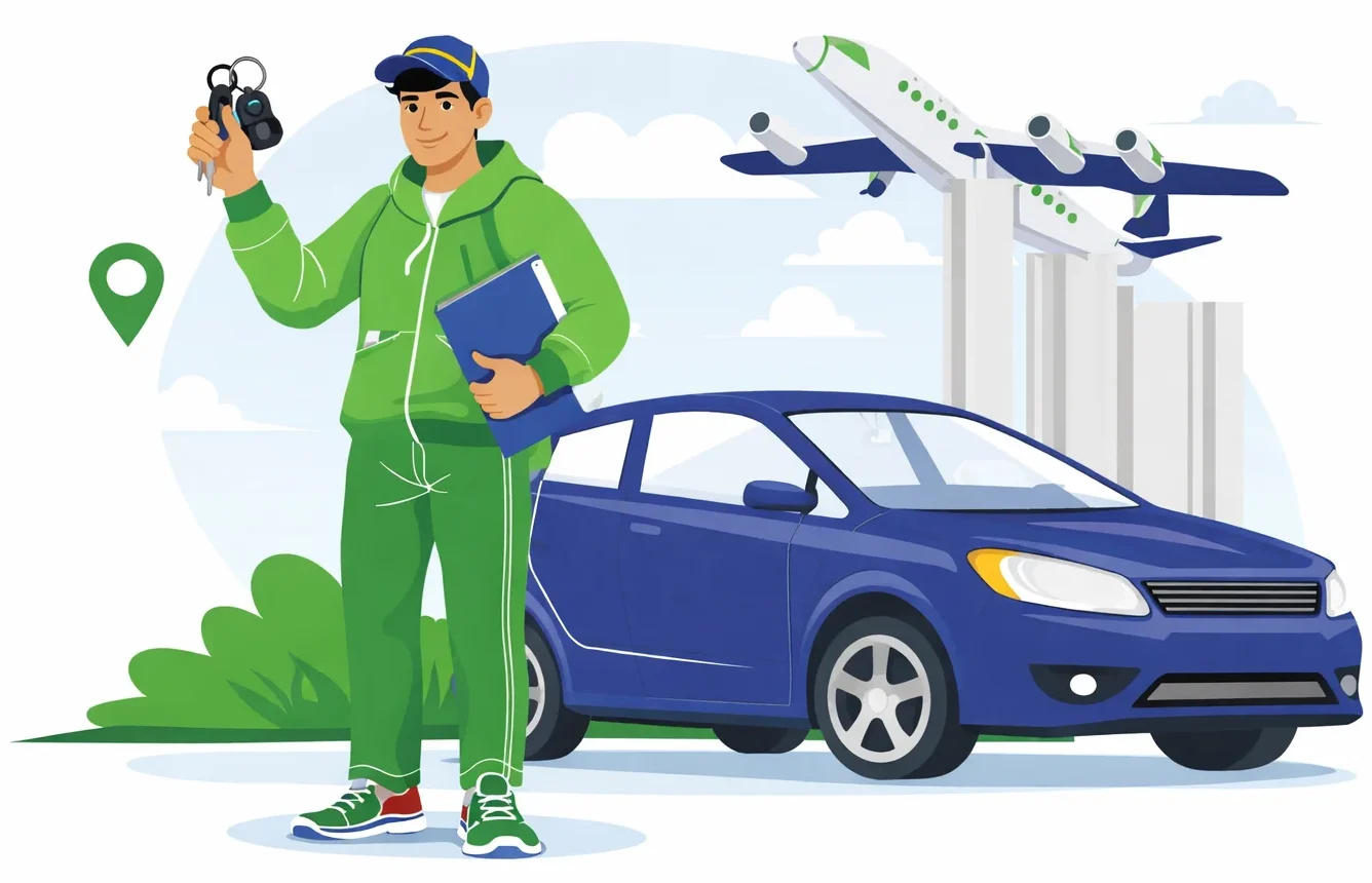 Ilustración de un empleado con llaves junto a un coche azul y un avión, entrega en el Aeropuerto de Málaga