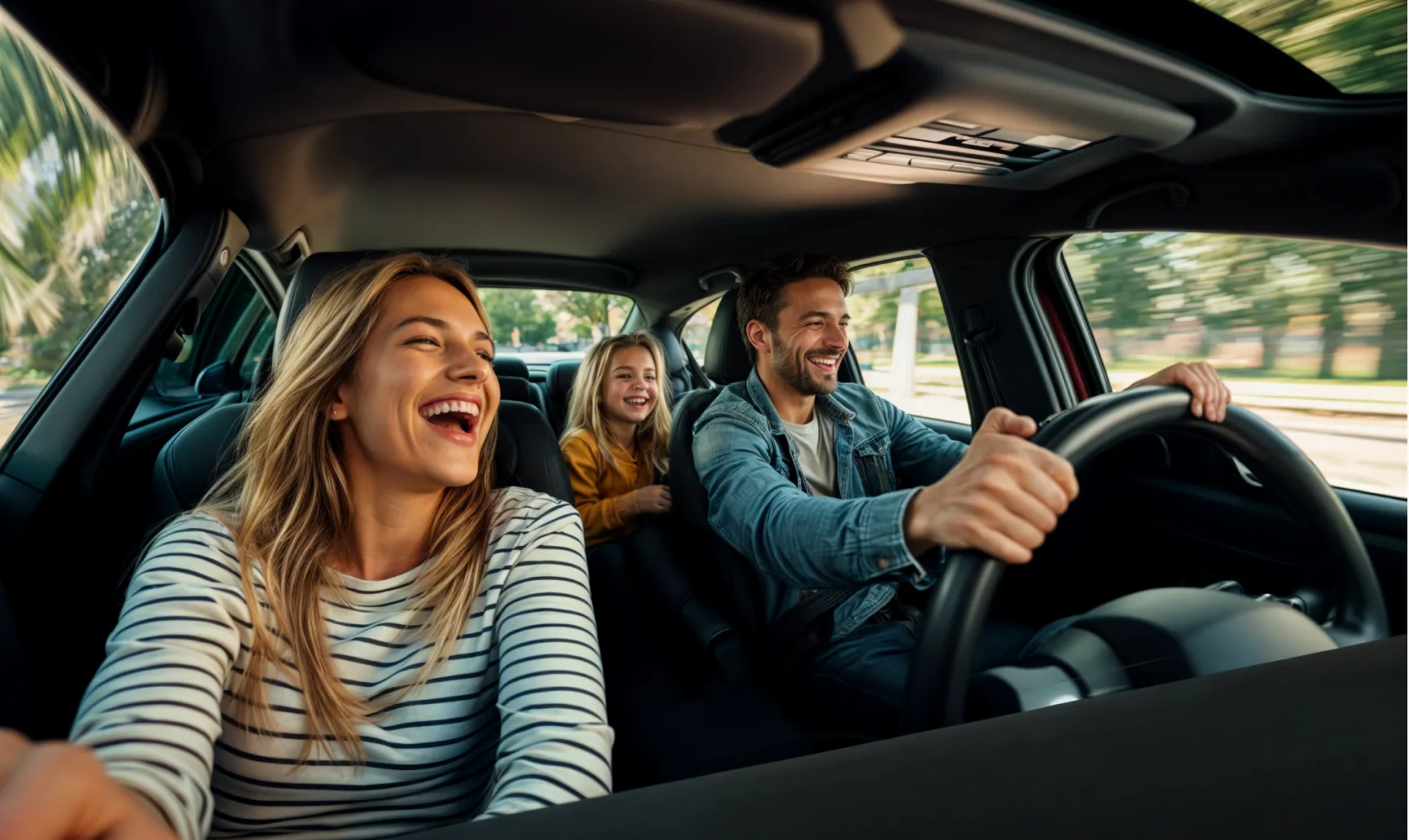 Couple and young girl smiling inside a moving car, family car rental in Calahonda