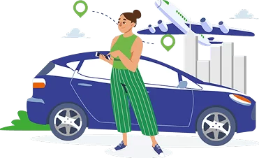 Ilustración de una clienta mirando el móvil junto a un coche azul, alquiler de coche en Calahonda