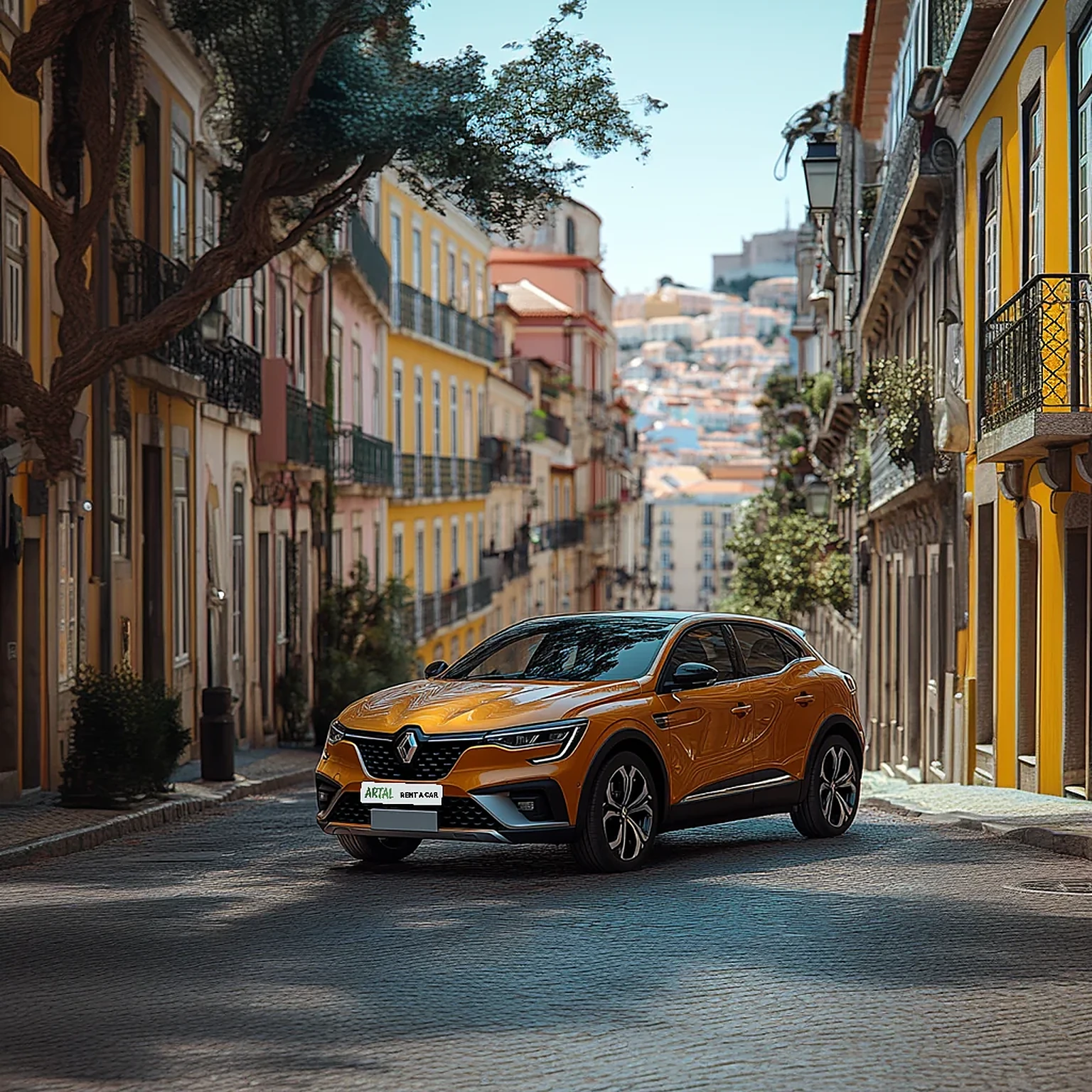 Orange Renault coupé SUV from Artal Rent A Car Calahonda on a cobbled street with colourful houses