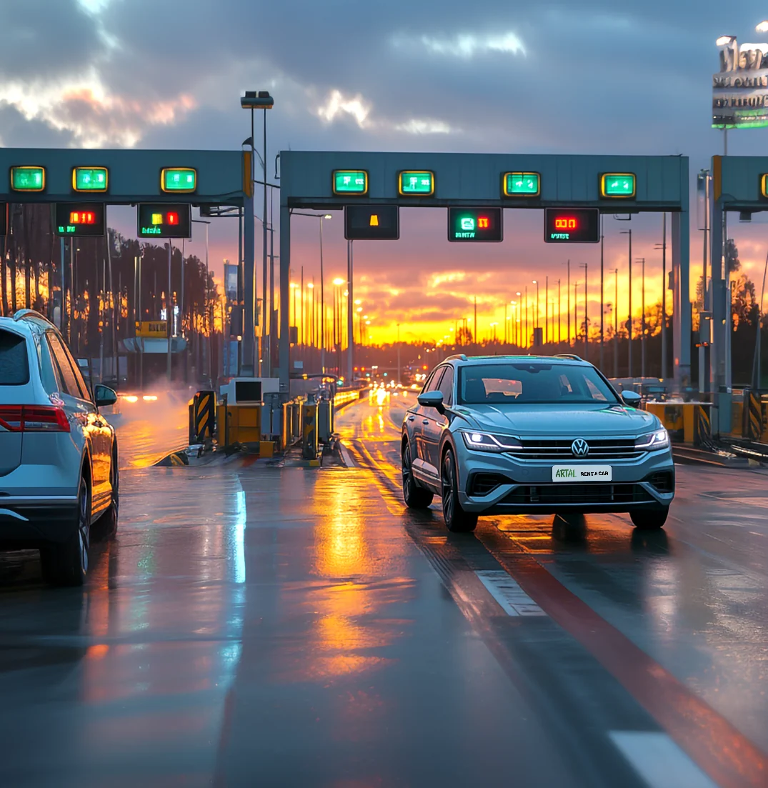 Artal Volkswagen SUV passing a motorway toll at sunset, car rental in Calahonda and Riviera del Sol
