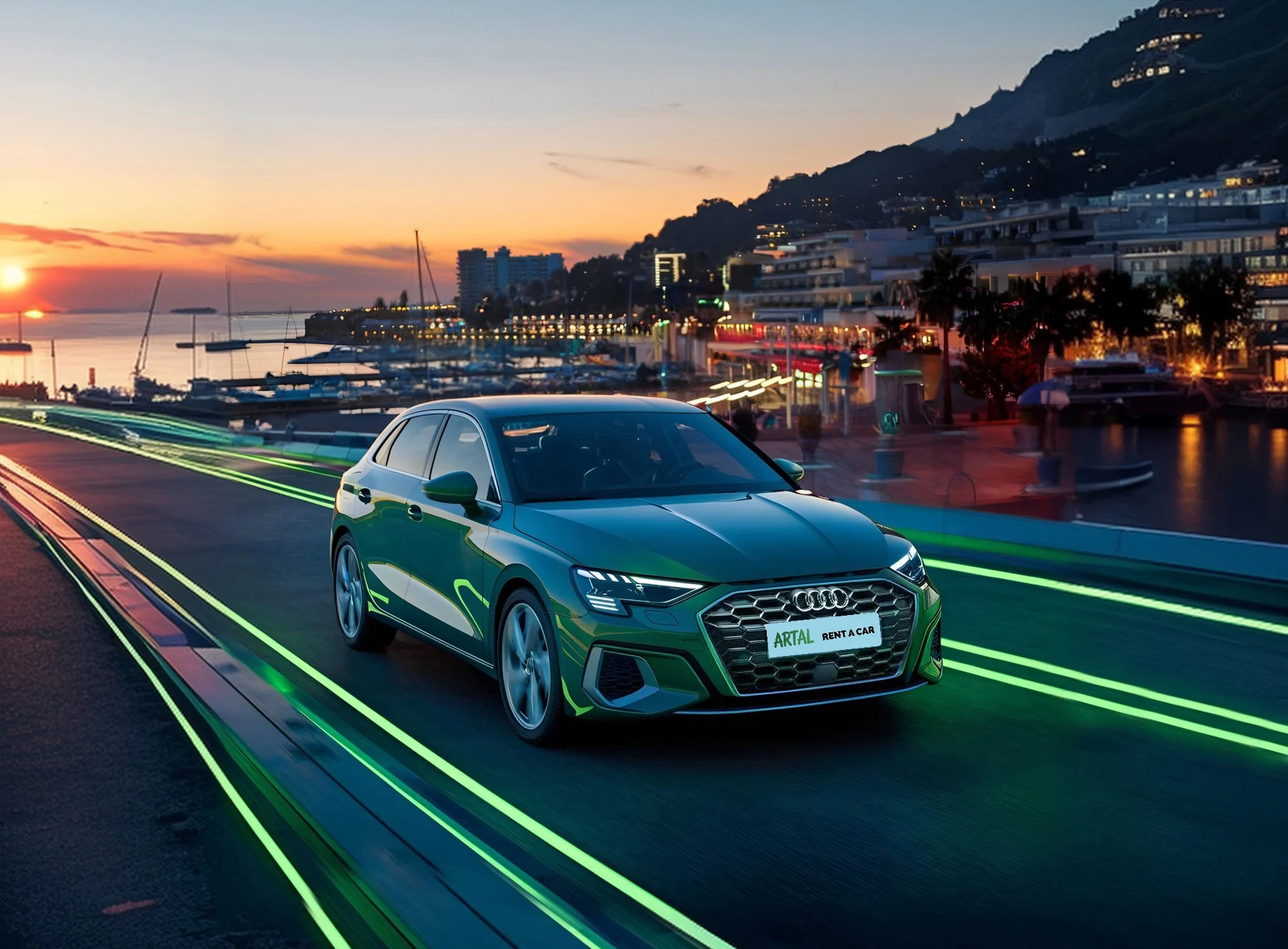 Green Artal Audi driving past a marina at sunset, hire car on the Costa del Sol