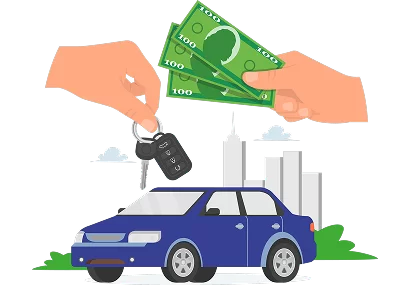 Ilustración de una mano con llaves y otra con billetes sobre un sedán azul, alquiler de coche en Mijas Costa