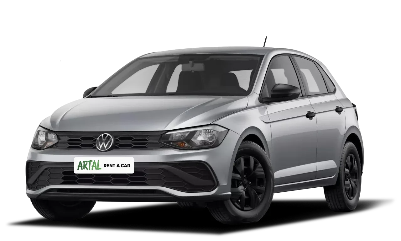 Grey Volkswagen Polo with black wheels and Artal plate, hire car in Calahonda