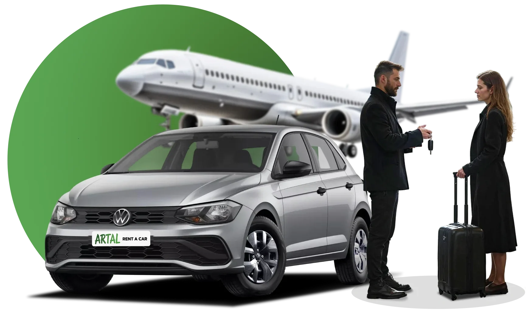 Hombre entrega las llaves de un Volkswagen gris a una viajera, coche de alquiler en el Aeropuerto de Málaga