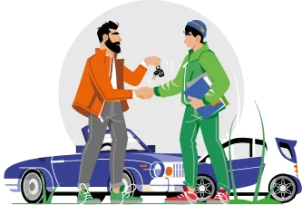 Ilustración de dos hombres dándose la mano en la entrega de llaves de un rent a car en Calahonda