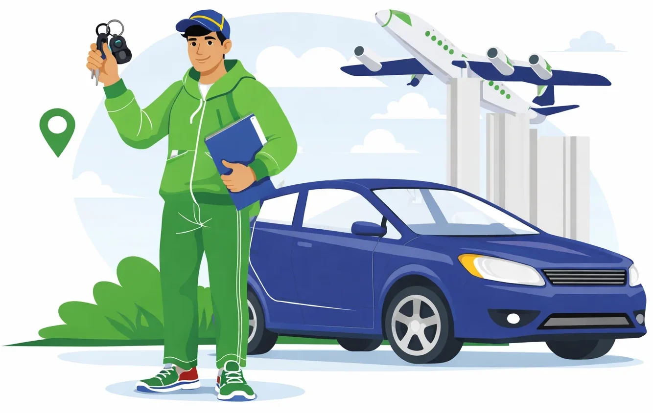 Illustration of a staff member holding keys by a blue car, hire car delivery in Calahonda