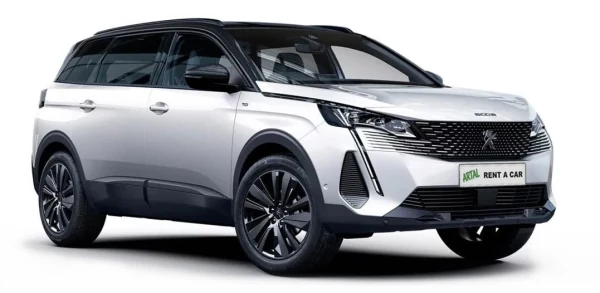 White Peugeot 5008 with black roof and an Artal Rent A Car plate, 7-seater SUV hire in Calahonda